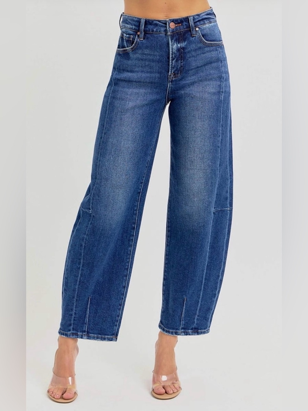 Risen Jeans High Rise Barrel Leg Seamed Jeans Size 11/30 Medium Wash